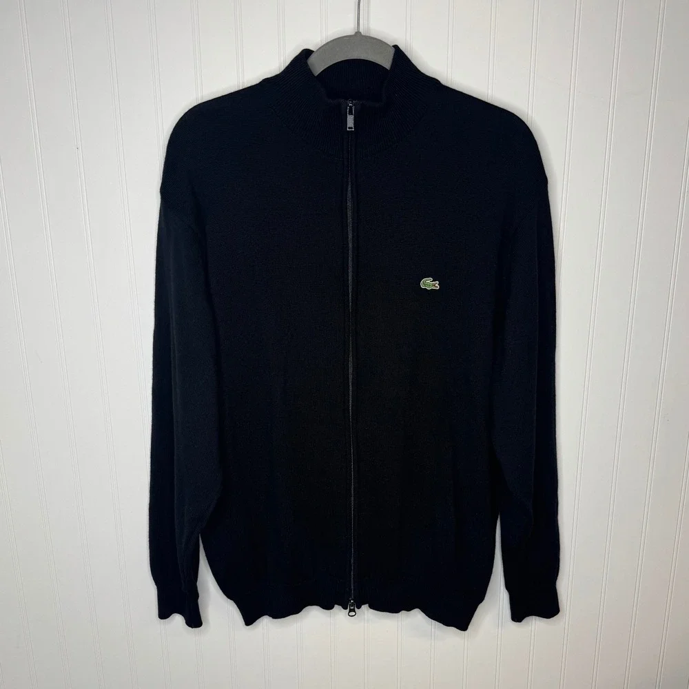 90's Lacoste Double Zip Sweater Black Wool Mock Neck Cardigan Men's Size 6 XL